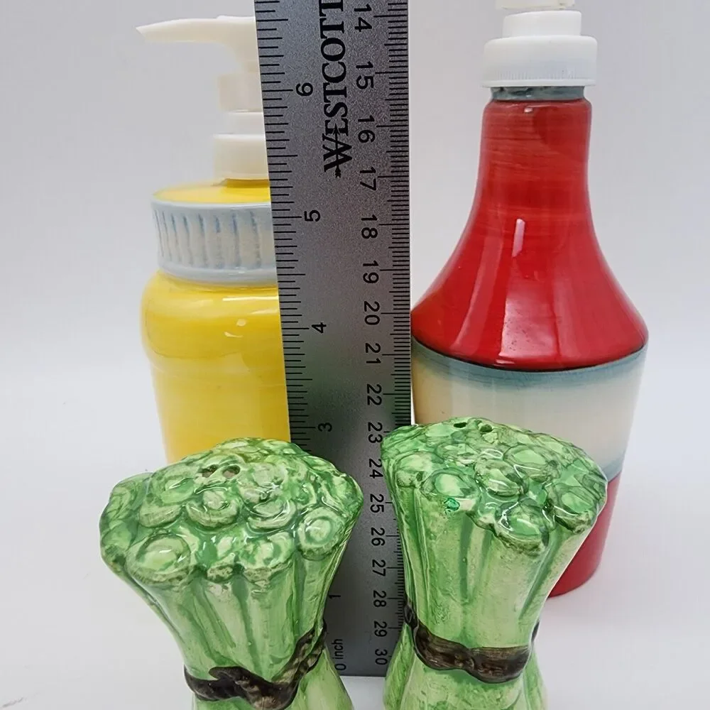 Pier 1 Imports Ceramic Ketchup Mustard Dispensers Salt Pepper Shakers Picnic Set